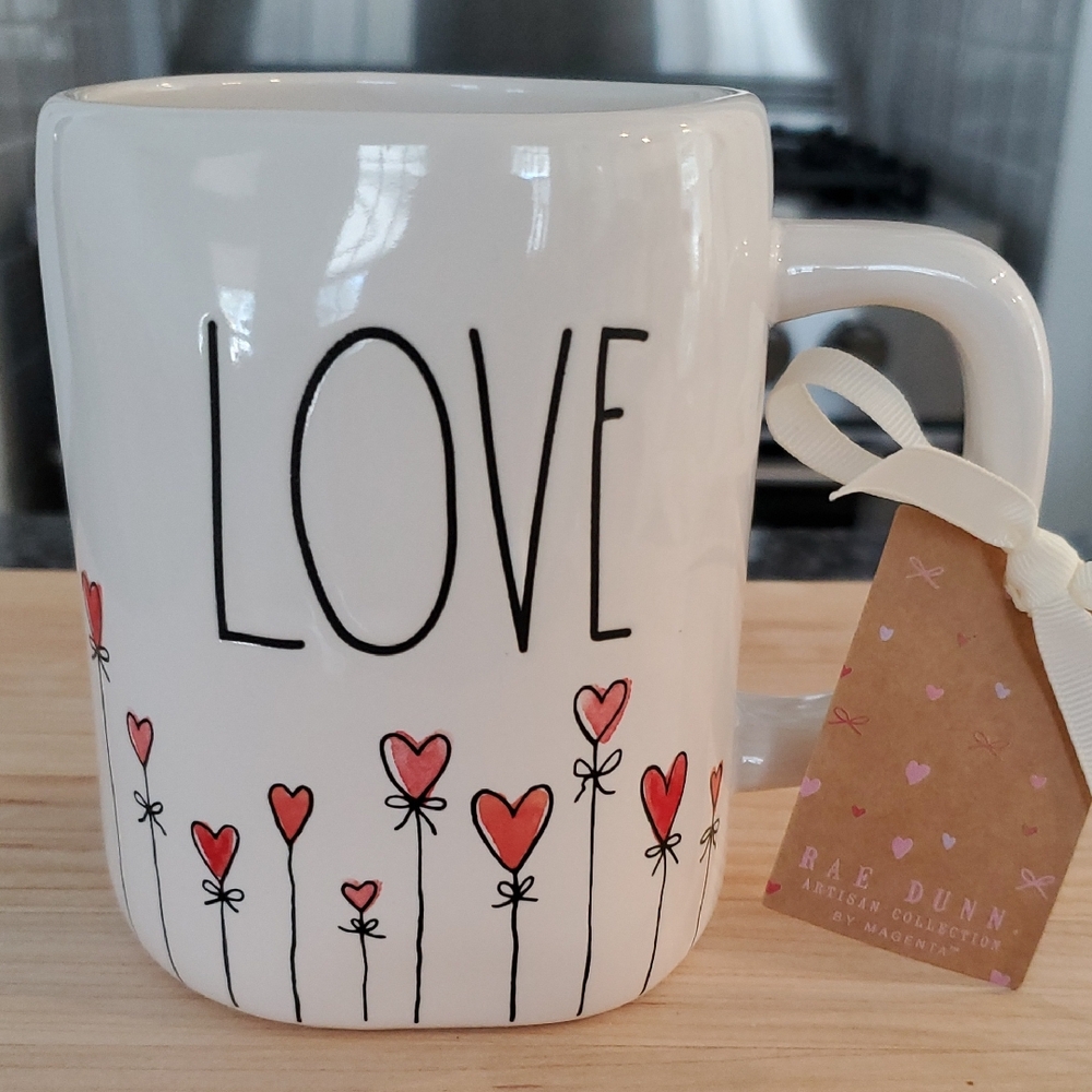 Rae Dunn White Ceramic Mug with "LOVE" and Pink Heart Bouquet